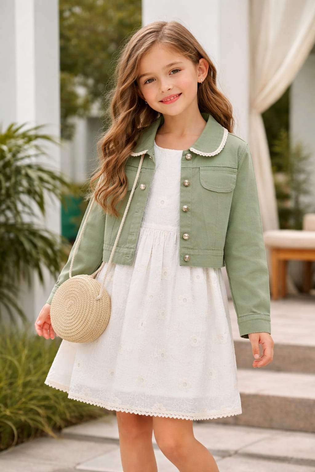 KIZ ÇOCUK CEKETLİ HASIR ÇANTALI 3'LÜ KOMBİN TAKIM