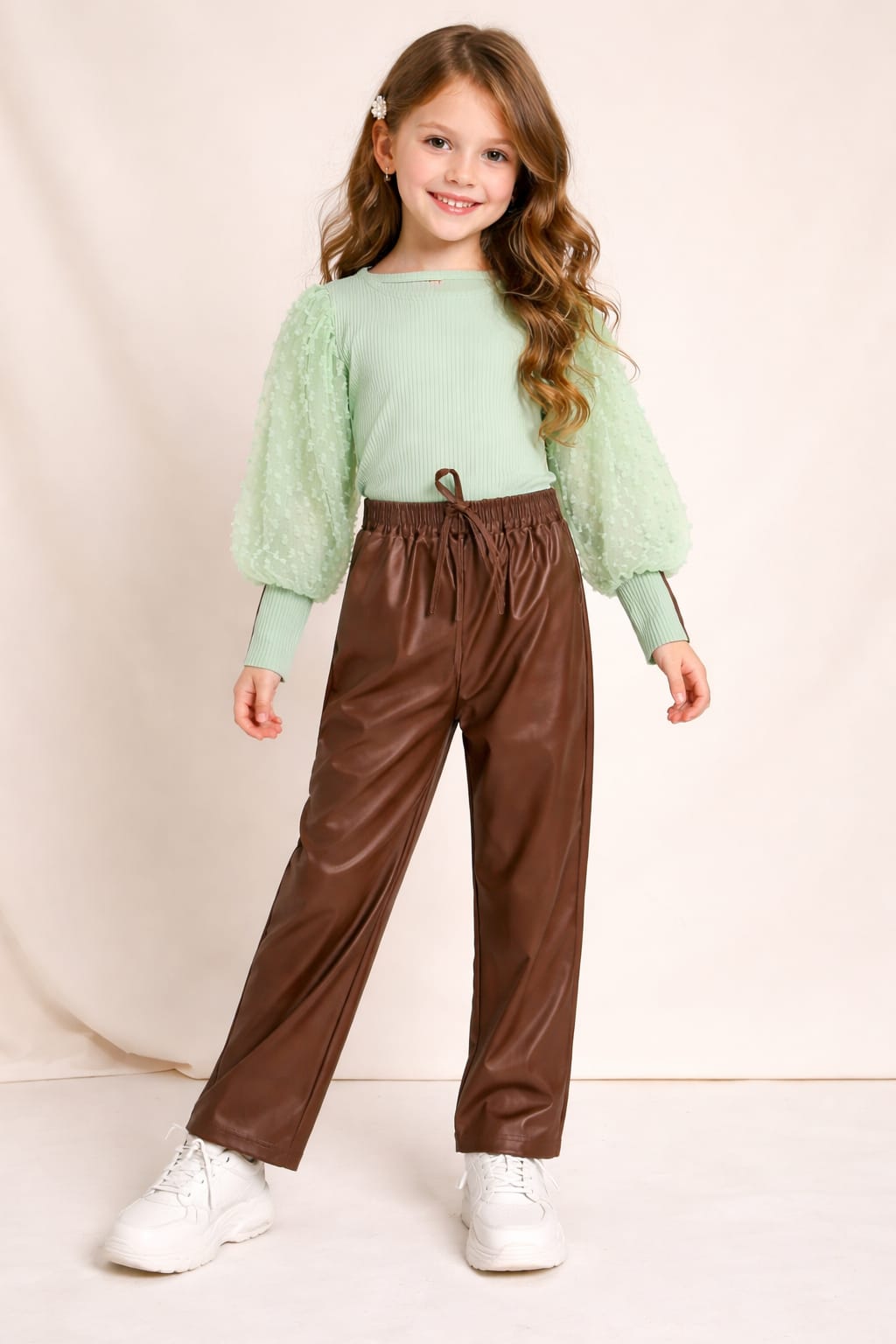KIZ ÇOCUK DERİ PANTOLON BALON KOL MİNT YEŞİLİ BADİ
