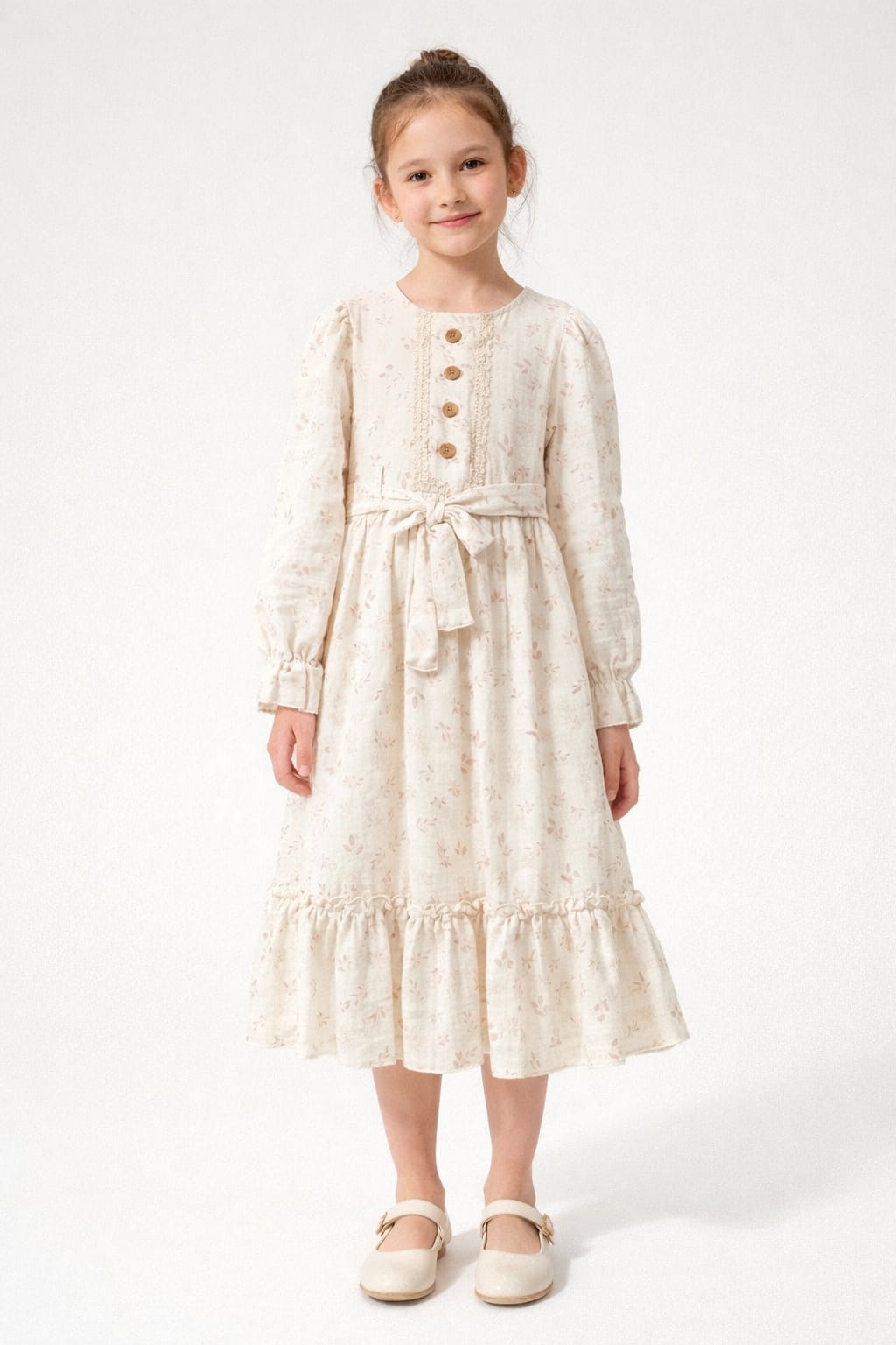 KIZ ÇOCUK KUŞAKLI ÇİÇEK DESENLİ UZUN ELBİSE