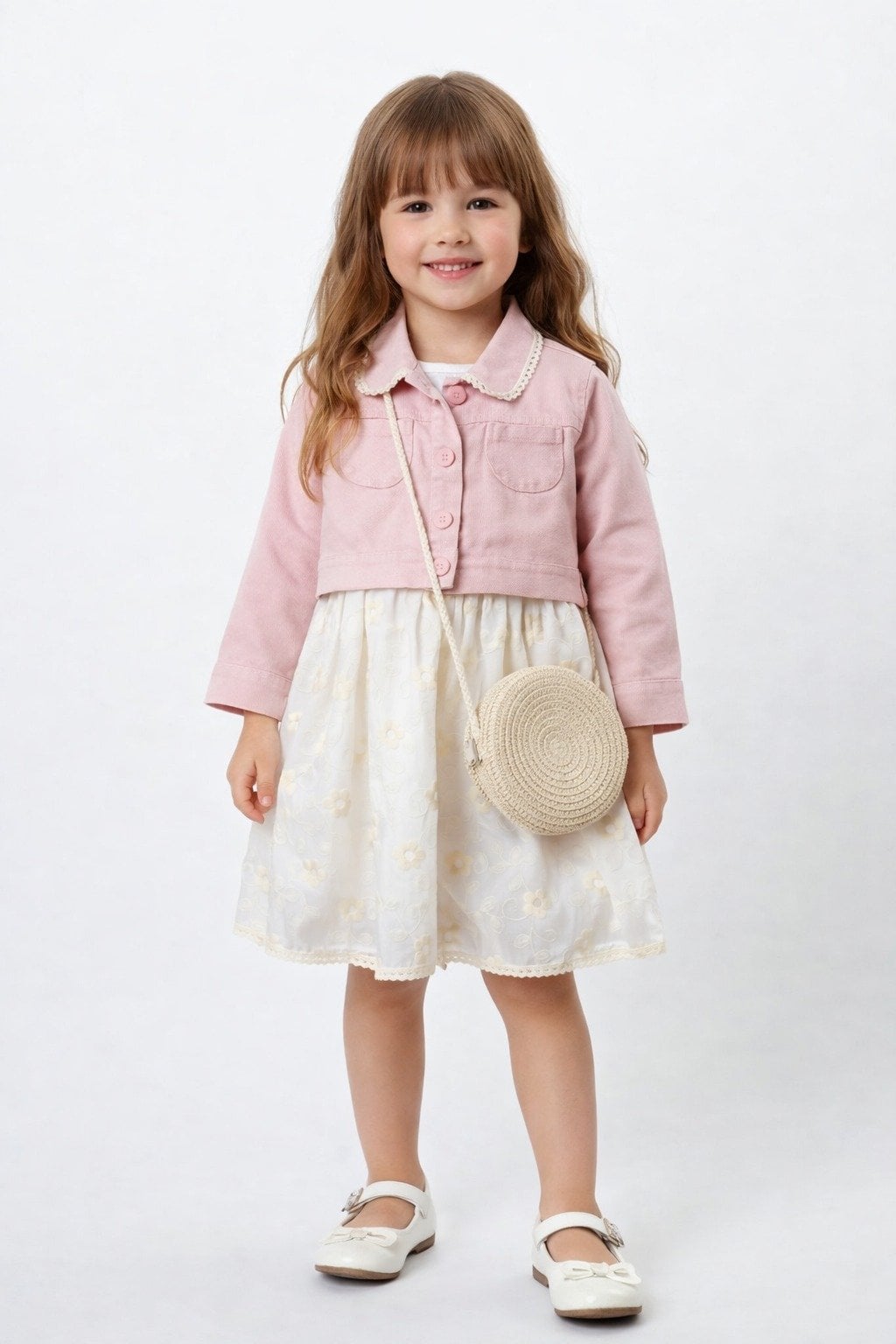 ZARİF ÇİÇEK İŞLEMELİ KOT CEKETLİ HASIR ÇANTALI ELBİSE