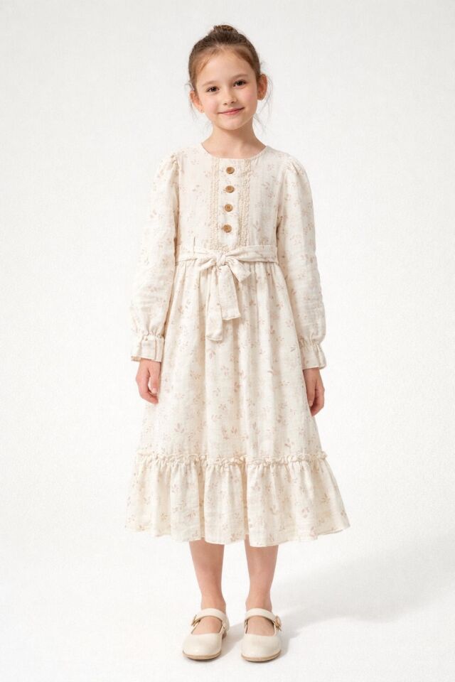 KIZ ÇOCUK KUŞAKLI ÇİÇEK DESENLİ UZUN ELBİSE  10-12 YAŞ ARASI