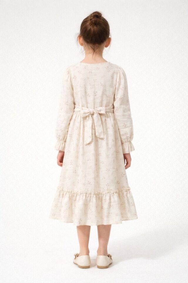 KIZ ÇOCUK KUŞAKLI ÇİÇEK DESENLİ UZUN ELBİSE  10-12 YAŞ ARASI