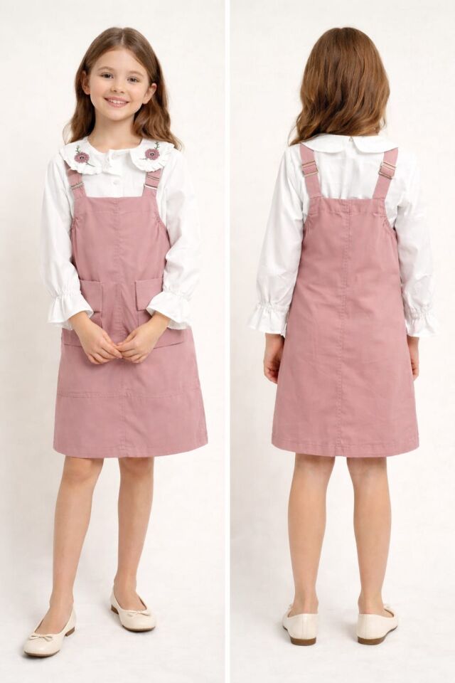 KIZ ÇOCUK ÇİÇEK DETAYLI GÖMLEKLİ ASKILI SALOPET ELBİSE TAKIM