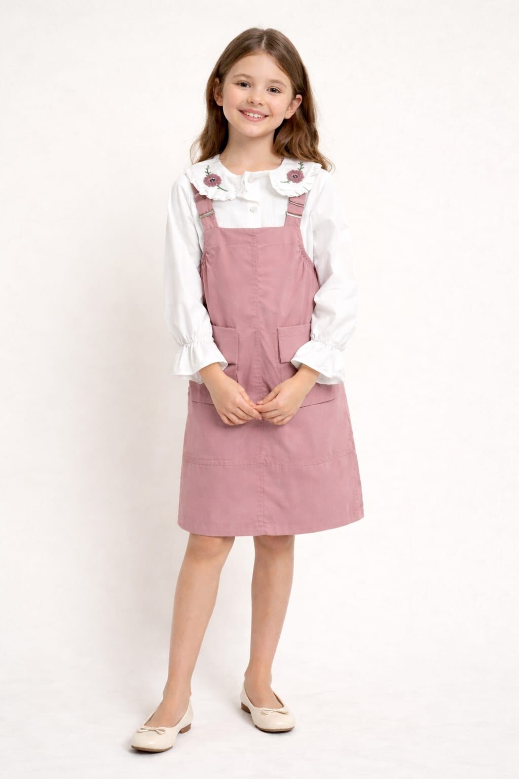 KIZ ÇOCUK ÇİÇEK DETAYLI GÖMLEKLİ ASKILI SALOPET ELBİSE TAKIM