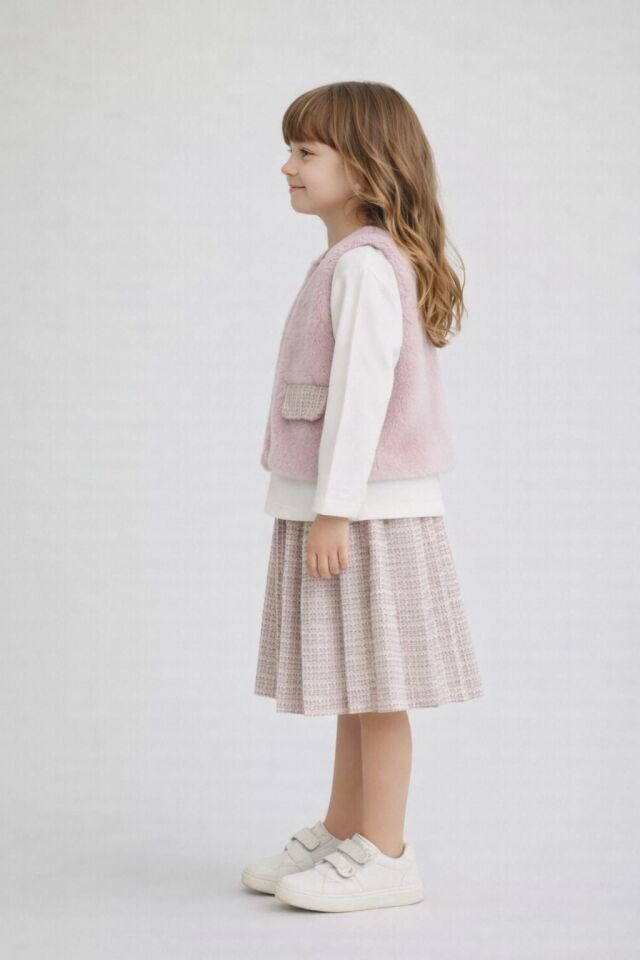 KIZ ÇOCUK PEMBE KÜRKLÜ YELEK TAKIM