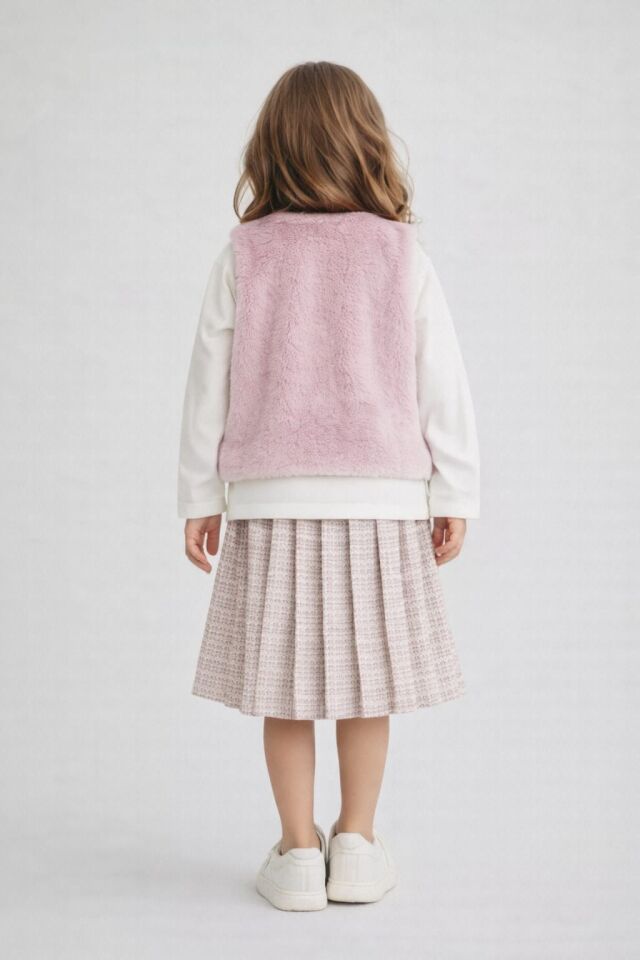 KIZ ÇOCUK PEMBE KÜRKLÜ YELEK TAKIM