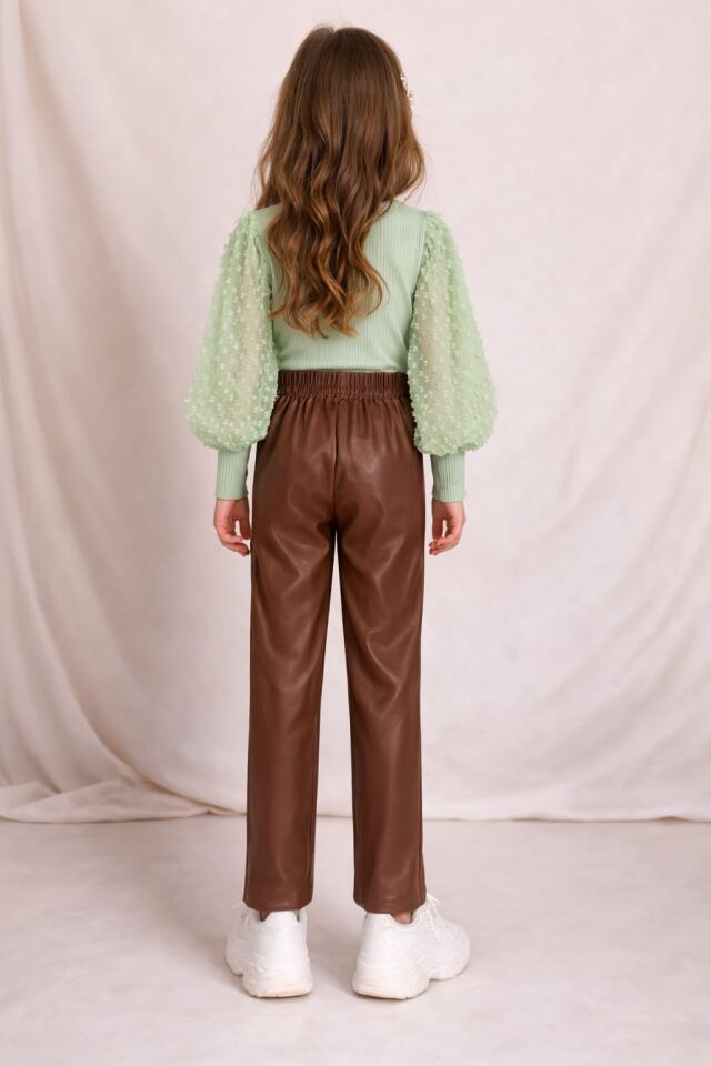 KIZ ÇOCUK MİNT BALON KOL BADİ VE KAHVERENGİ DERİ PANTOLON TAKIM