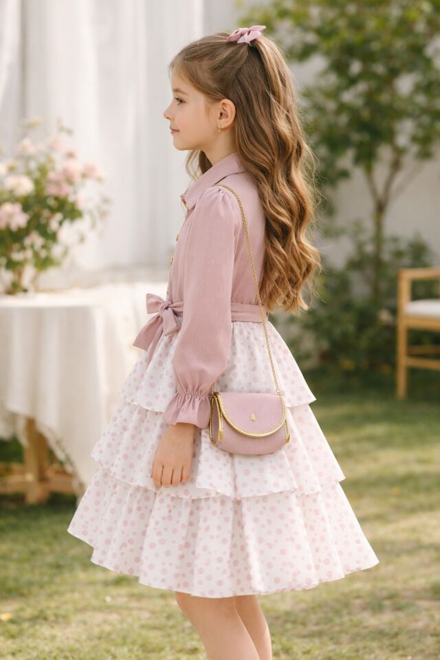 KIZ ÇOCUK PUANTİYELİ ÇANTALI ELBİSE