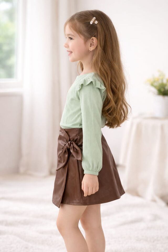 KIZ ÇOCUK MİNT YEŞİLİ BADİ VE KAHVERENGİ DERİ ETEK TAKIM