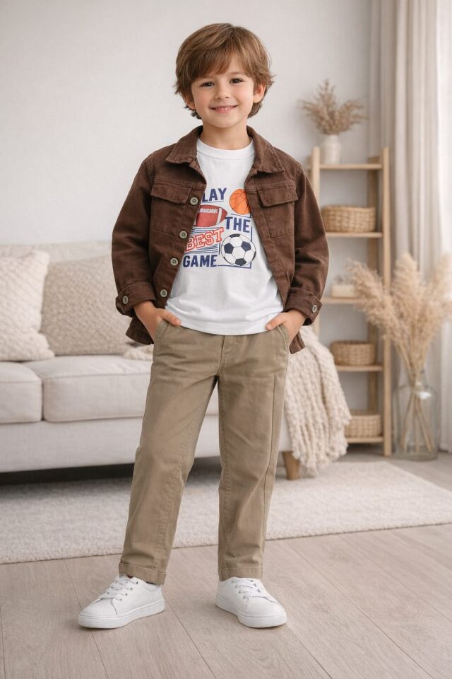 ERKEK ÇOCUK 3'LÜ TAKIM CEKETLİ BASKILI TİŞÖRT PANTOLON KOMBİN