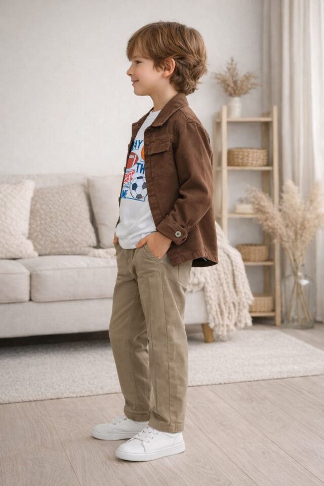 ERKEK ÇOCUK 3'LÜ TAKIM CEKETLİ BASKILI TİŞÖRT PANTOLON KOMBİN