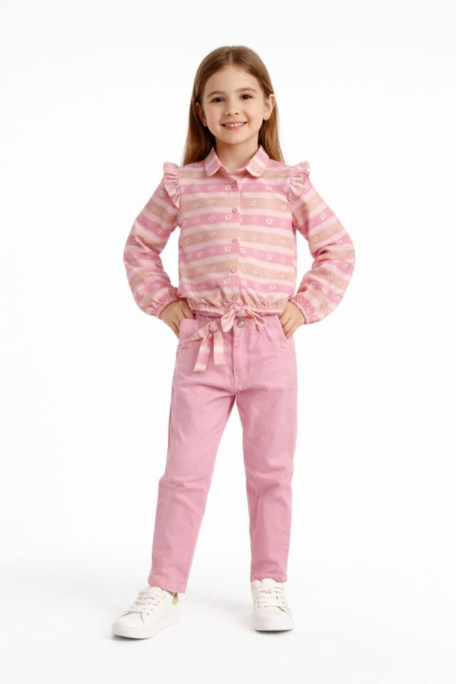 PEMBE  ÇİÇEKLİ GÖMLEK VE KETEN PANTOLON