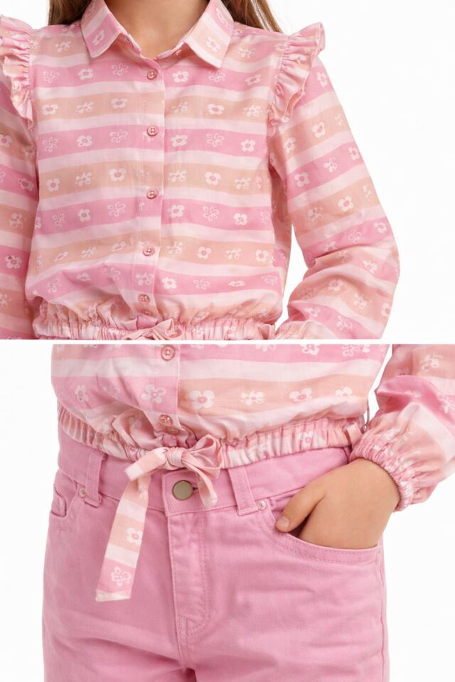 PEMBE  ÇİÇEKLİ GÖMLEK VE KETEN PANTOLON