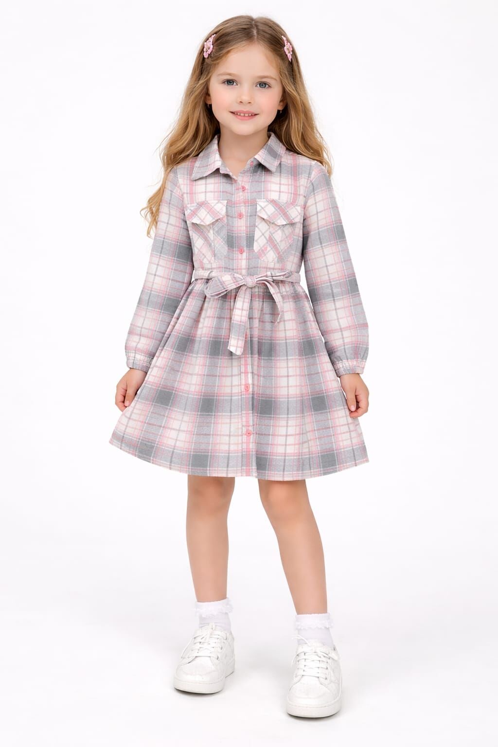 KIZ ÇOCUK EKOSE DESENLİ KUŞAKLI GÖMLEK ELBİSE