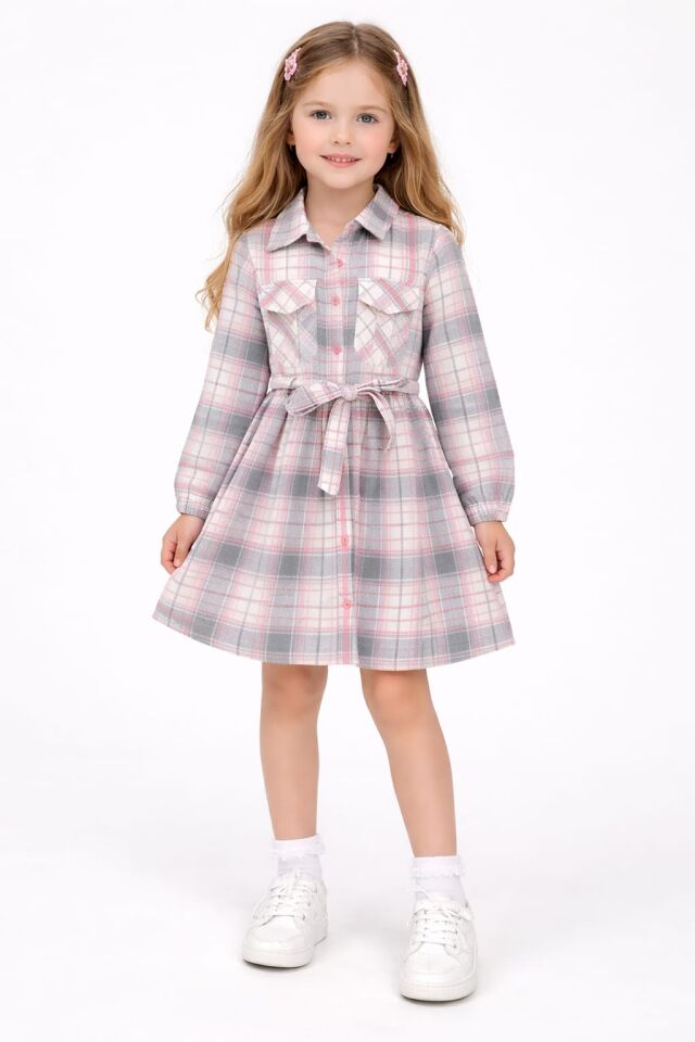 KIZ ÇOCUK EKOSE DESENLİ KUŞAKLI GÖMLEK ELBİSE