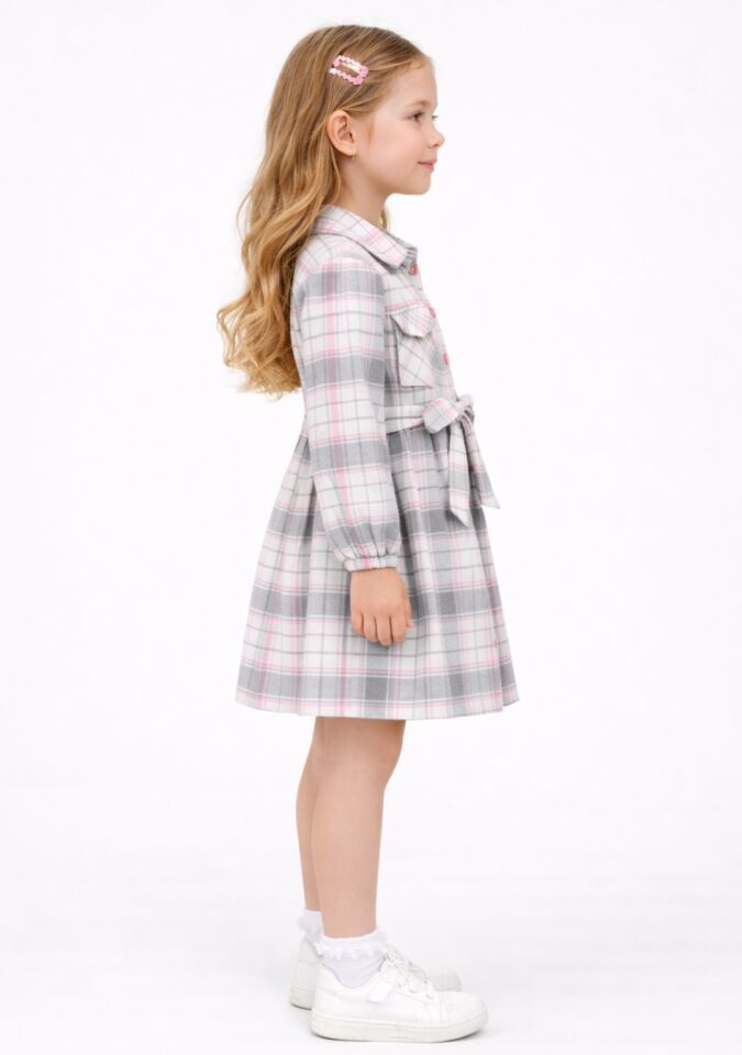 KIZ ÇOCUK EKOSE DESENLİ KUŞAKLI GÖMLEK ELBİSE