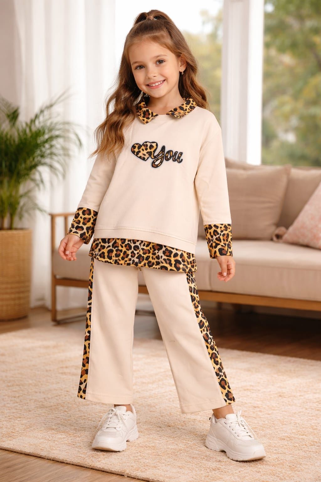 KIZ ÇOCUK KREM RENGİ LEOPAR DESENLİ TAKIM