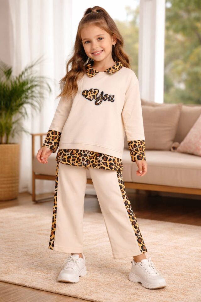KIZ ÇOCUK KREM RENGİ LEOPAR DESENLİ TAKIM