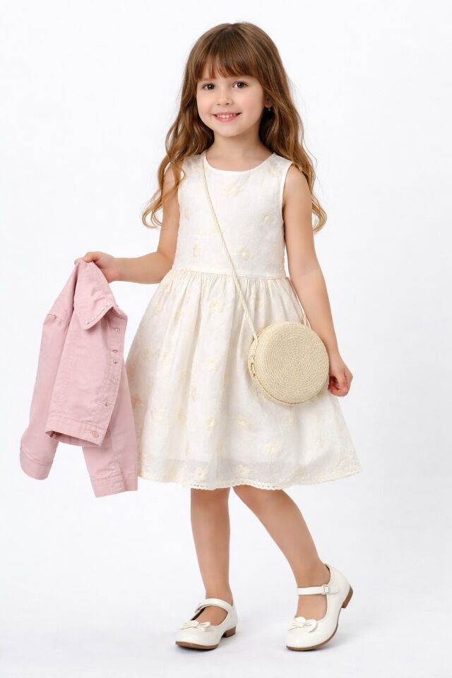 ZARİF ÇİÇEK İŞLEMELİ KOT CEKETLİ HASIR ÇANTALI ELBİSE