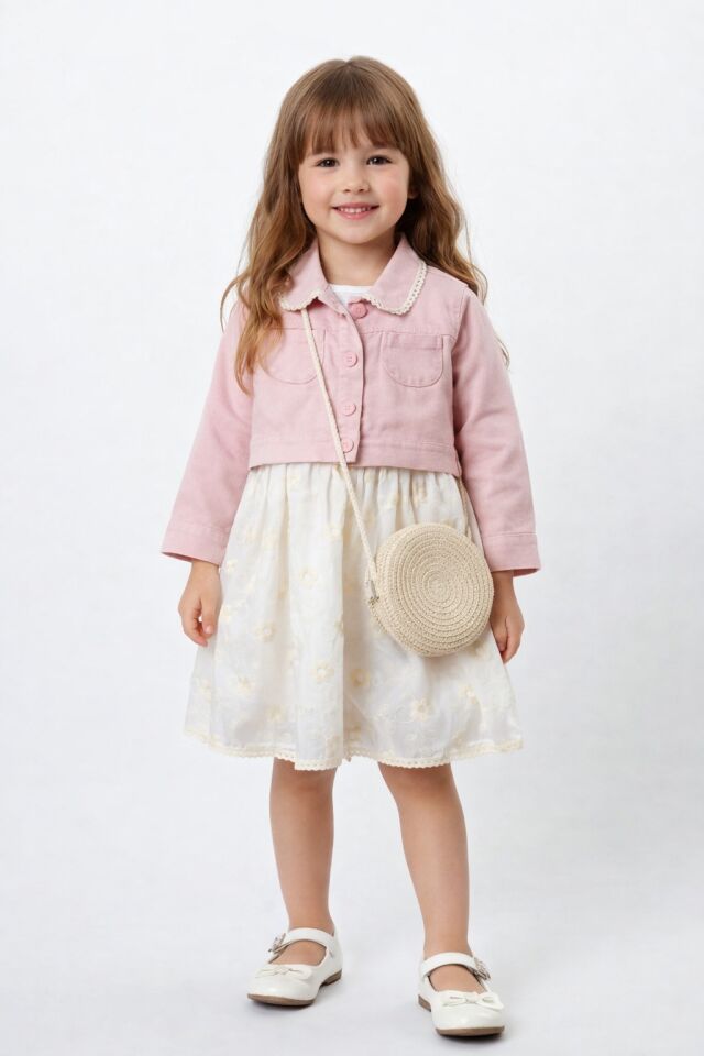 ZARİF ÇİÇEK İŞLEMELİ KOT CEKETLİ HASIR ÇANTALI ELBİSE