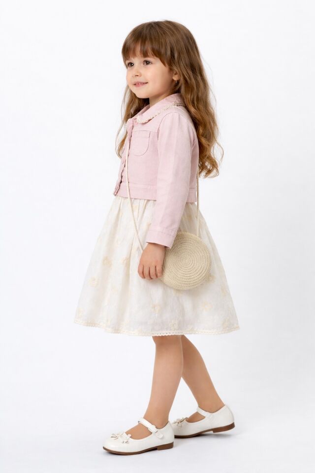 ZARİF ÇİÇEK İŞLEMELİ KOT CEKETLİ HASIR ÇANTALI ELBİSE