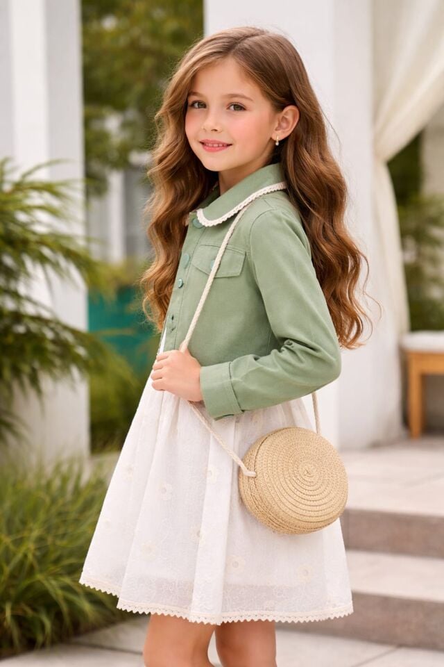 KIZ ÇOCUK ELBİSE CEKET HASIR ÇANTALI 3'LÜ KOMBİN TAKIM