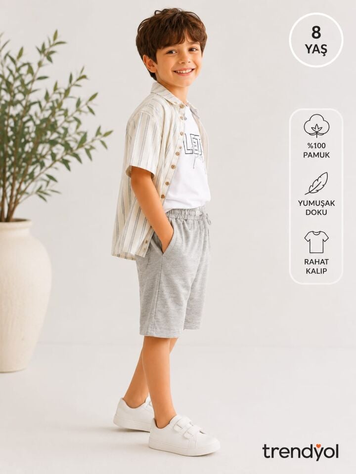 ERKEK ÇOCUK 3'LÜ TAKIM ÇİZGİLİ GÖMLEK +BASKILI TŞÖRT+ŞORT (7-10 YAŞ)