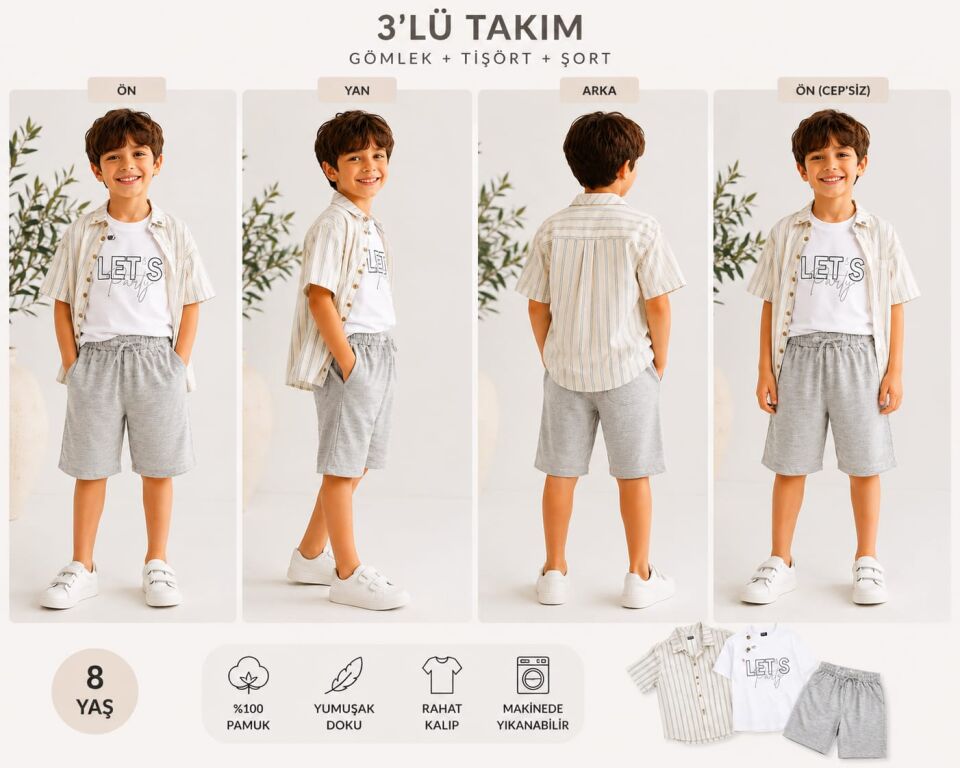 ERKEK ÇOCUK 3'LÜ TAKIM ÇİZGİLİ GÖMLEK +BASKILI TŞÖRT+ŞORT (7-10 YAŞ)