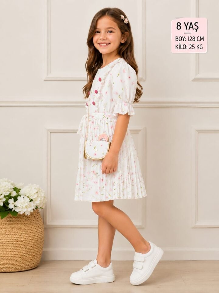 KIZ ÇOCUK ÇİÇEK DESENLİ ÇANTALI ELBİSE